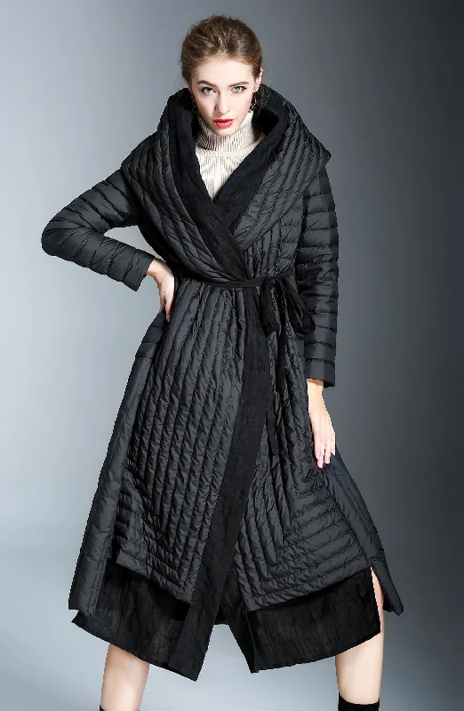 Striped Hooded Patchwork Jute Down Puffer Wrap Coat