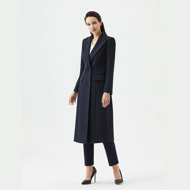 Slim Waist Double Breasted Wool Blend Longline Coat