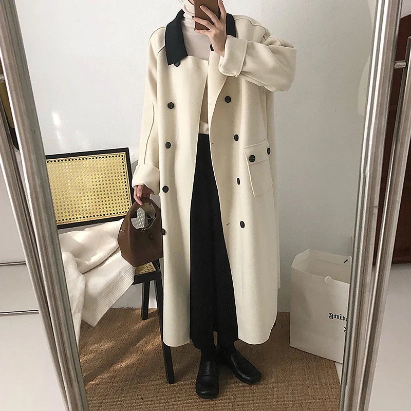 Loose Double Breasted Wool Blend Long Coat