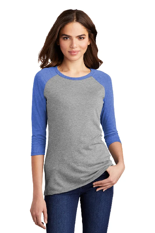 District Womens Perfect Tri 3/4 Sleeve Crewneck T-Shirt - Grey Frost/Royal Blue