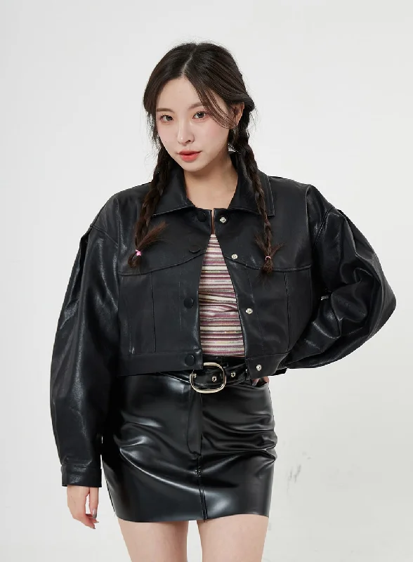 Faux Leather Button Crop Jacket BO28