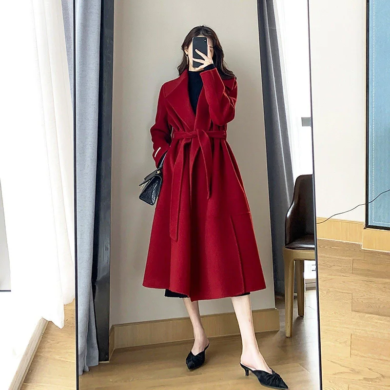 Wool Blend Wrap Long Coat