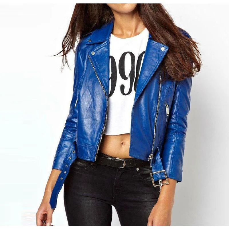 Women Classic Blue Motorbike Fashion Leather Jacket