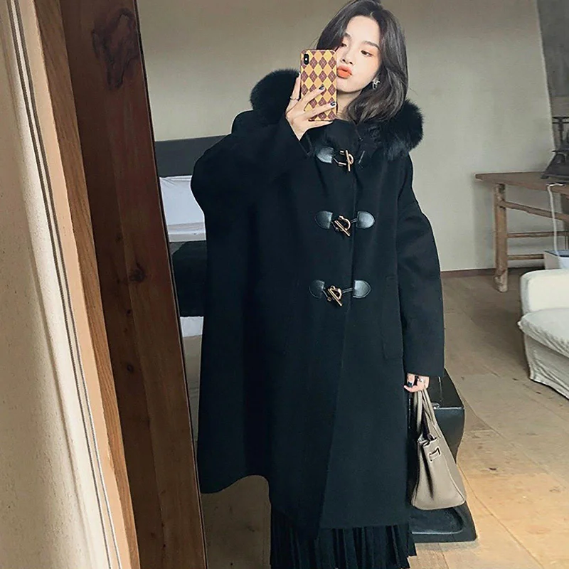 Hooded Fur Collar Wool Blend Duffle Coat