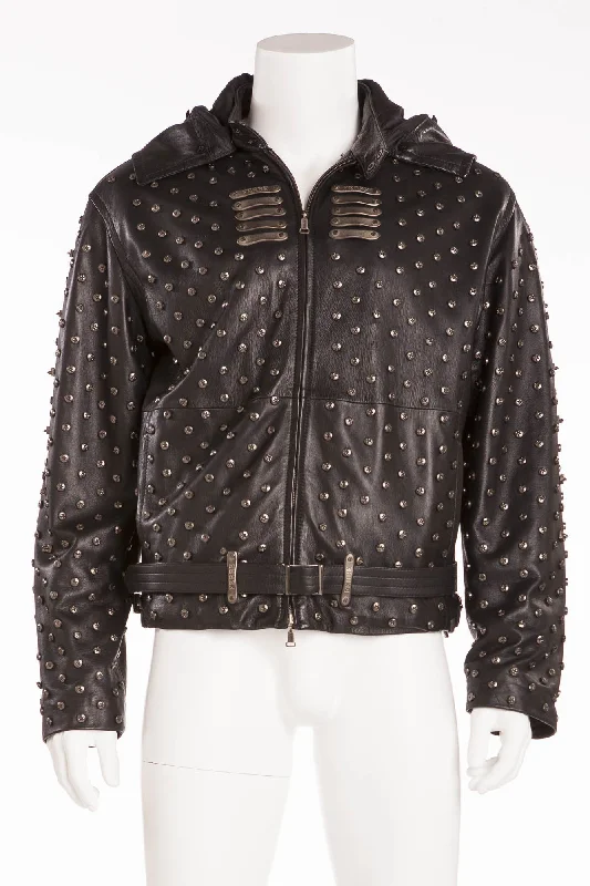 Gianfranco Ferre - Black Leather Screw Embellishment Zip Up Jacket - IT 54