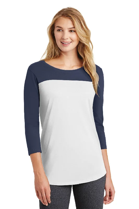 District Womens Rally 3/4 Sleeve Wide Neck T-Shirt - White/True Navy Blue - Closeout