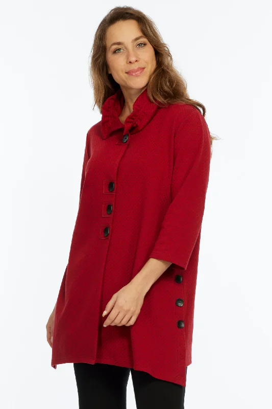 LIOR Women's Red Ruffle Neck Long Button Up Jacket - "Kayla"