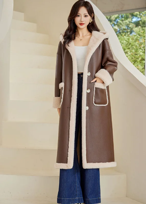 Faux Leather Wool Fur Lined Hooded Long Coat