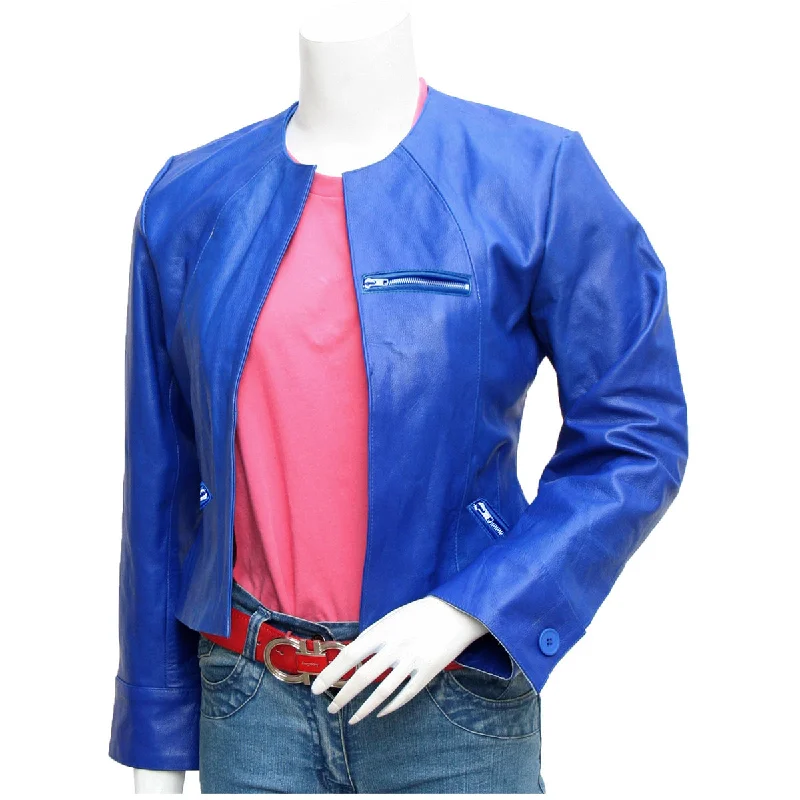 Women's Blue Leather Collarless Jacket