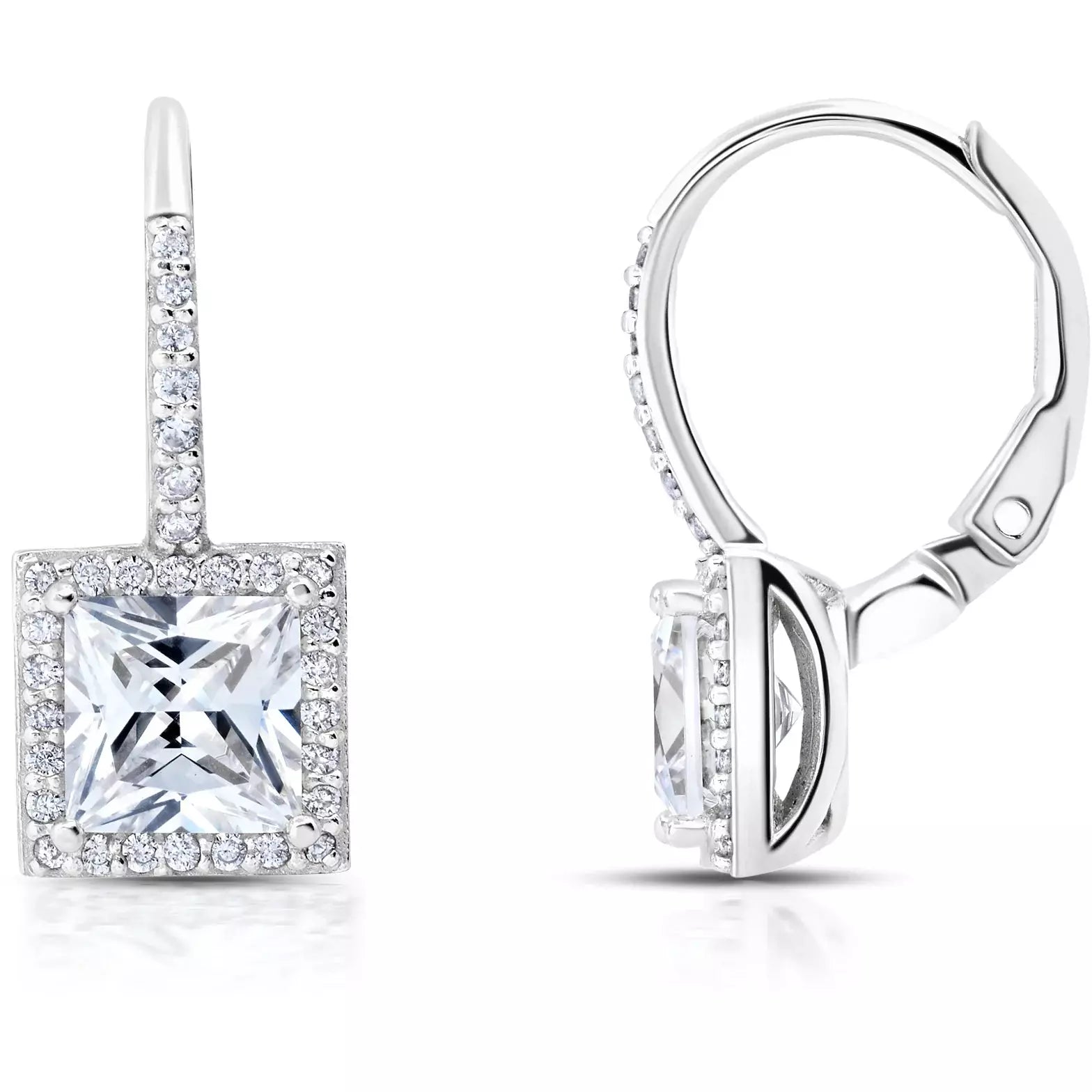 CRISLU Square Cut Halo Leverback Earrings Finished in Pure. Platinum