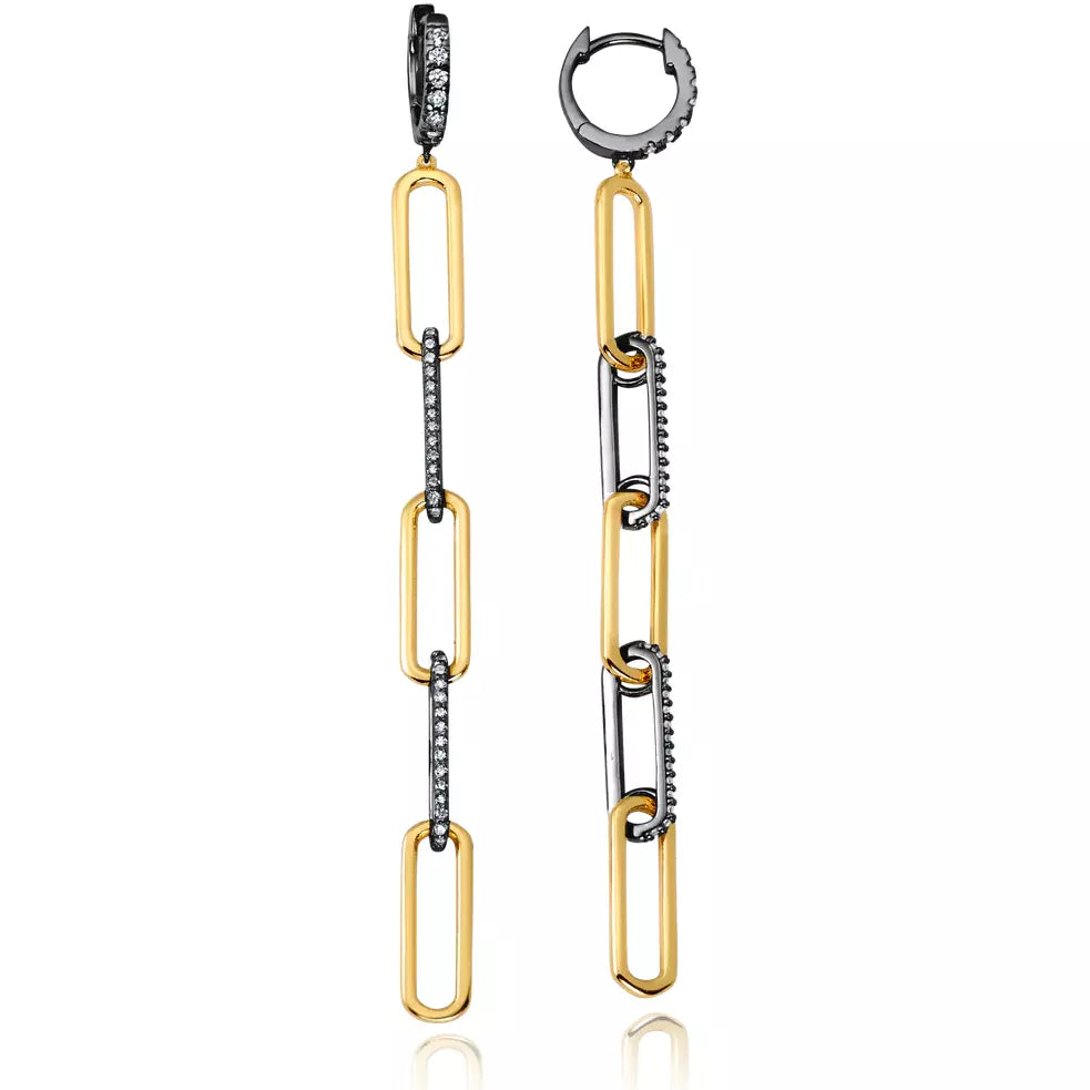 CRISLU Two-Tone Huggie Pave Link Earrings  Finished in Black Rhodium and 18kt Gold