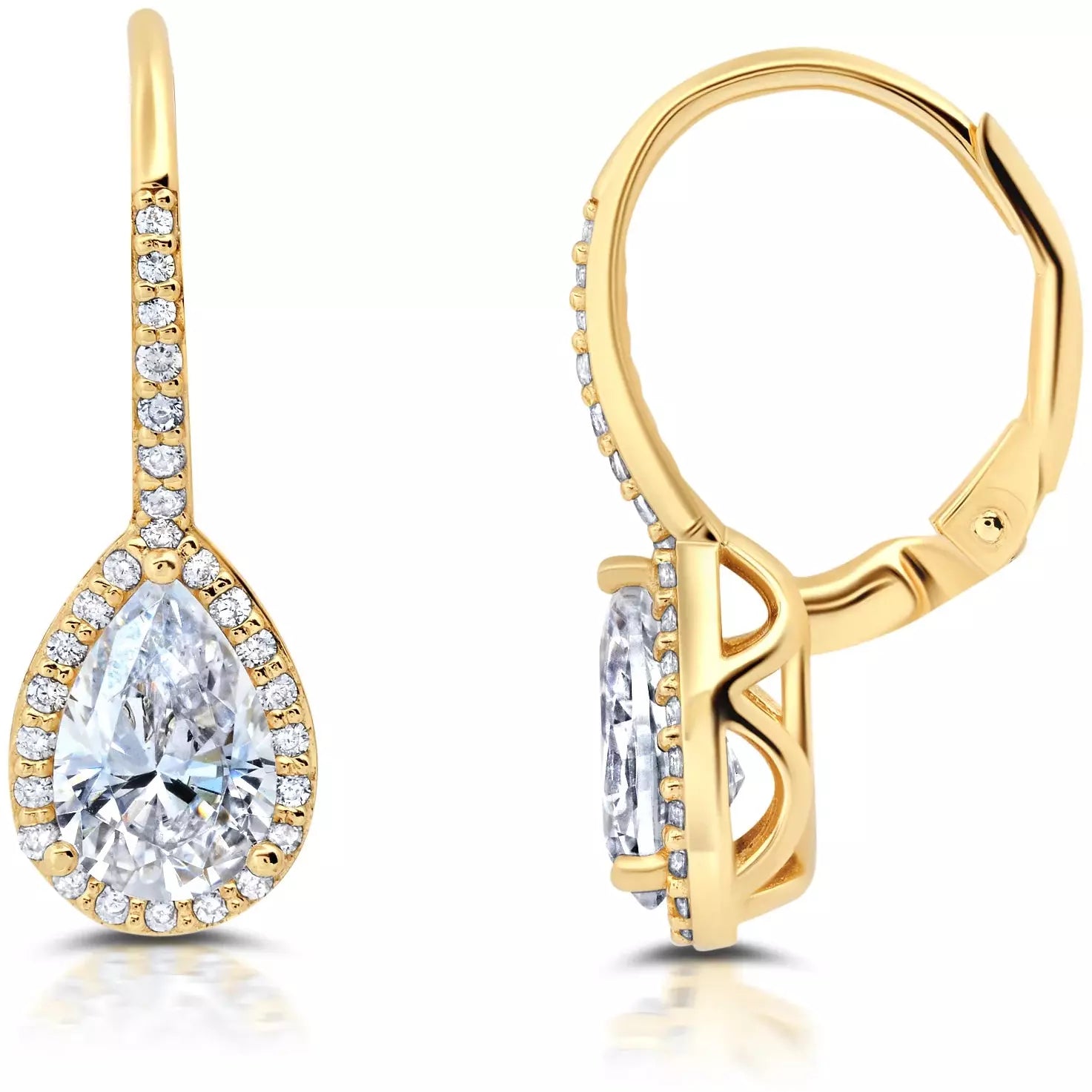 CRISLU Pear Cut Halo Leverback Earrings Finished in 18kt Yellow Gold