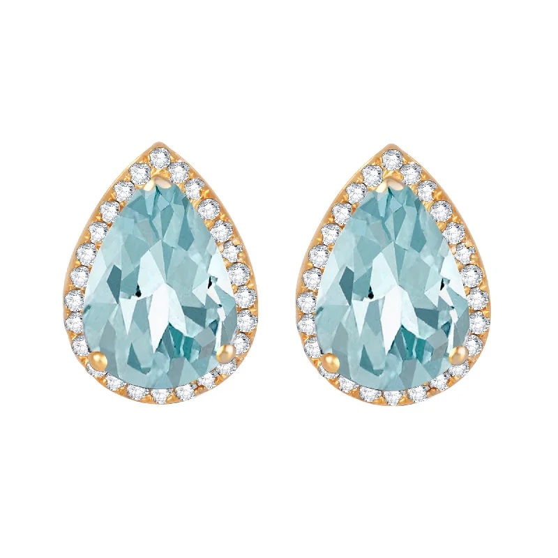 Gold Over Sterling Silver Aquamarine & White Zircon Halo Stud Earring