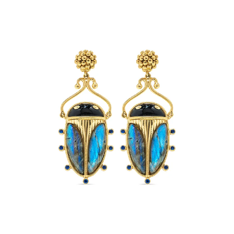 Scarab Berry Drop Earrings - Blue Labradorite/Black Agate