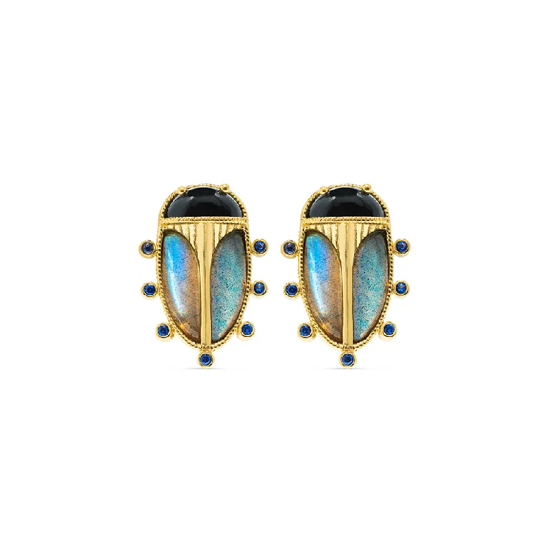 Scarab Clip Earrings - Blue Labradorite/Black Agate