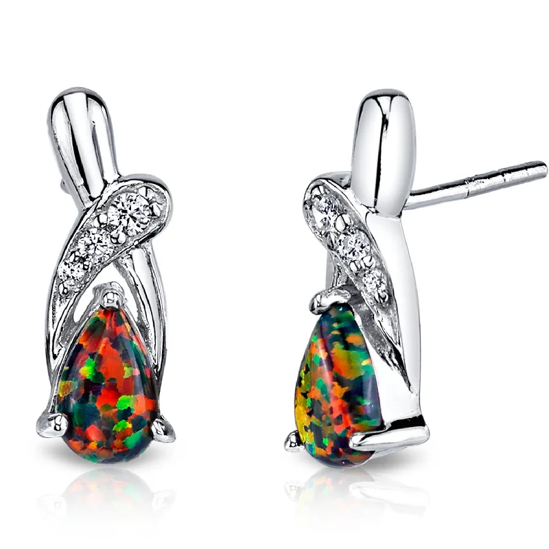 Sterling Silver 1ct Created Opal Pear Stud Earrings