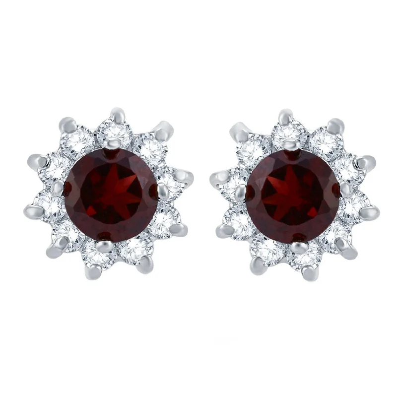 Sterling Silver Garnet and White Zircon Flower Stud Earring