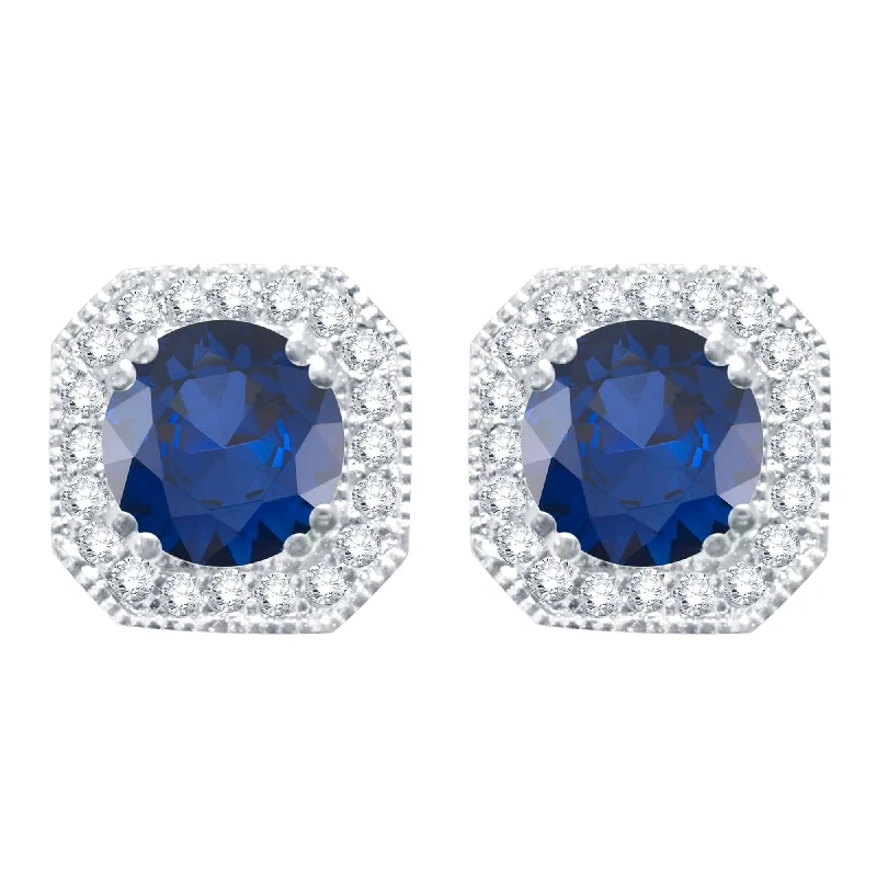 Sterling Silver with Blue Sapphire and White Topaz Halo Stud Earring