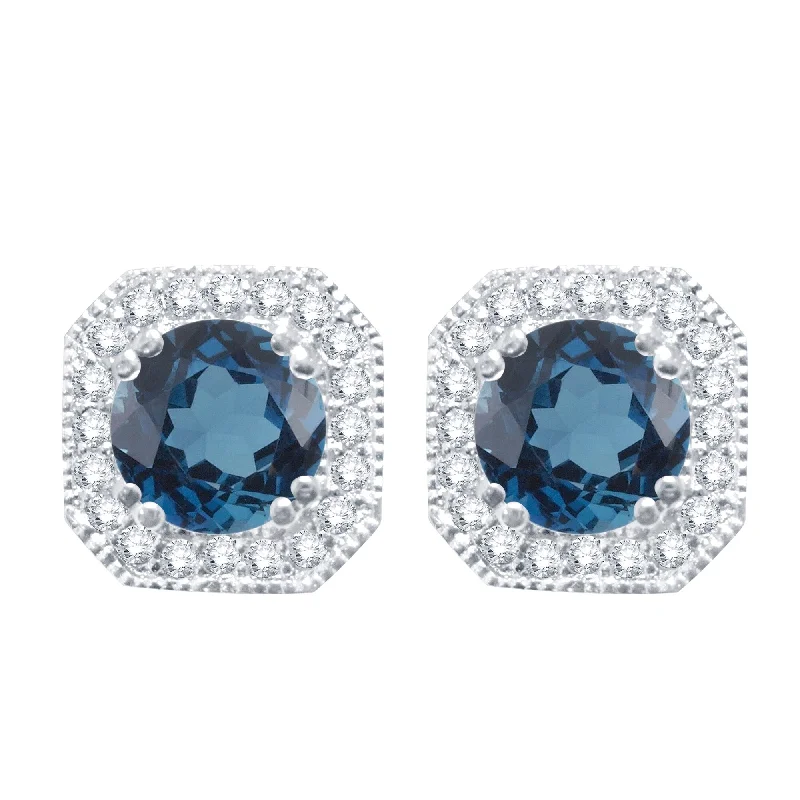 Sterling Silver with Natural London Blue Topaz and White Topaz Halo Stud Earring