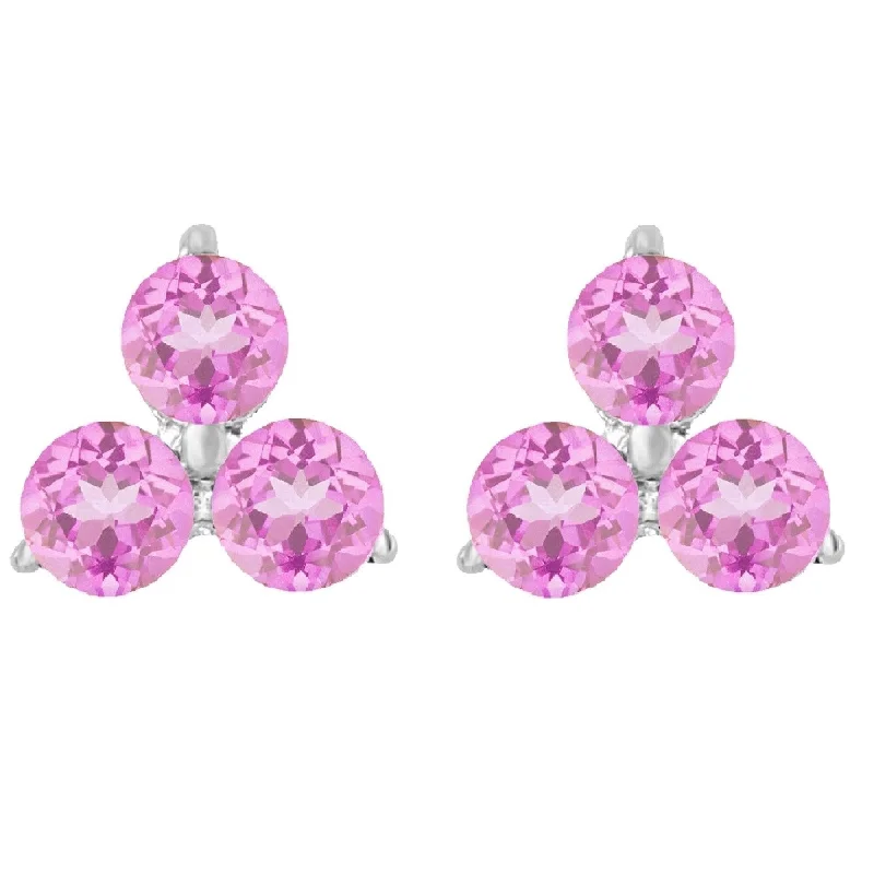 Sterling Silver with Natural Pink Sapphire 3- Stone Stud Earring