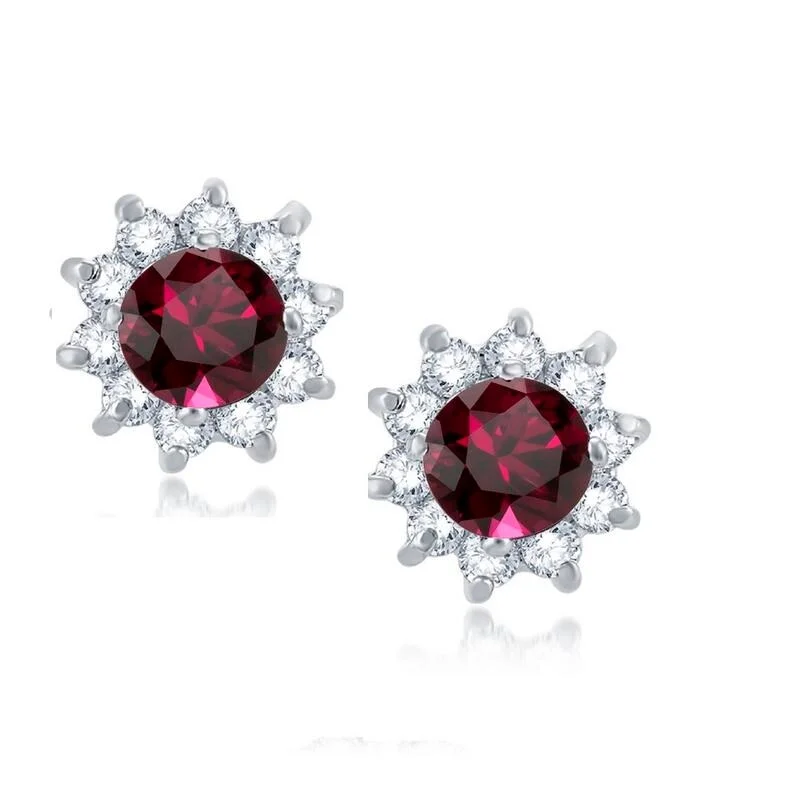 Sterling Silver With Ruby and White Topaz Flower stud Earring