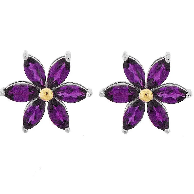 Two Tone with Marquis Shape Natural Amethyst Flower Stud Earring