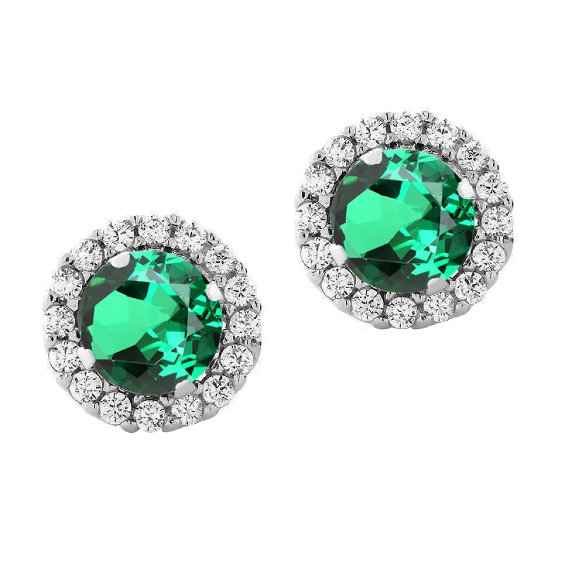 V3 Jewelry Sterling Silver Emerald and White Topaz Halo Stud Earring