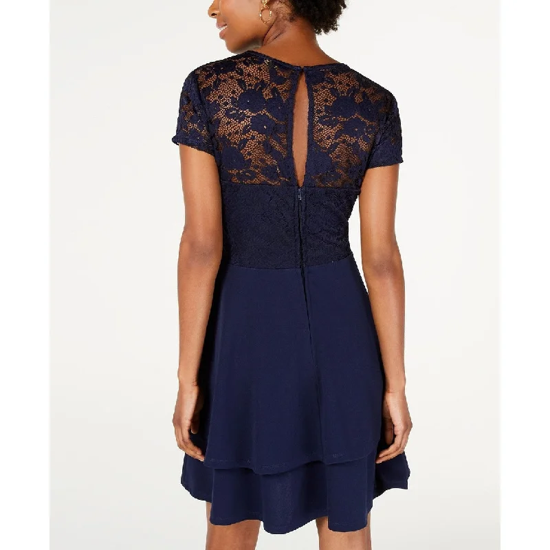 City Studios Juniors' Lace-Sleeve Dress Navy Size 7