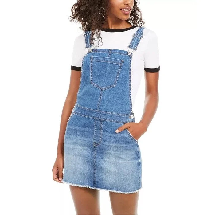 Vanilla Star Juniors' Frayed-Hem Overalls Dress Blue Size 13 - 14