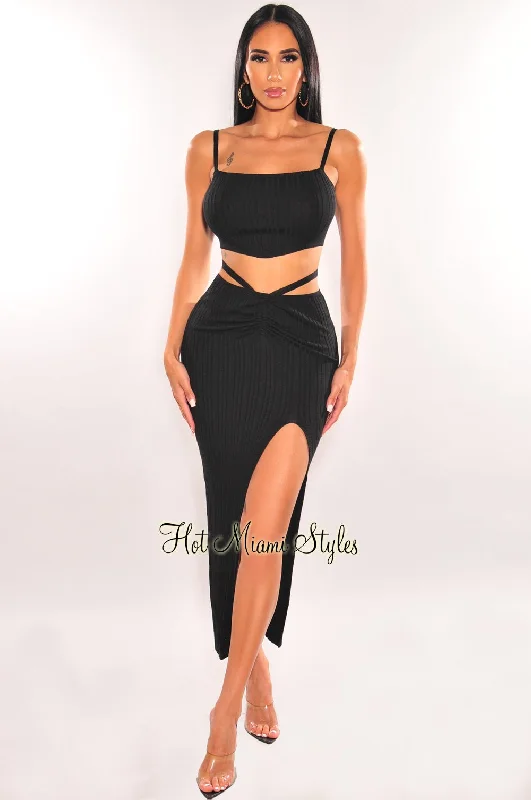 Black Ribbed Knit Wrap Around Slit Skirt Two Piece Set