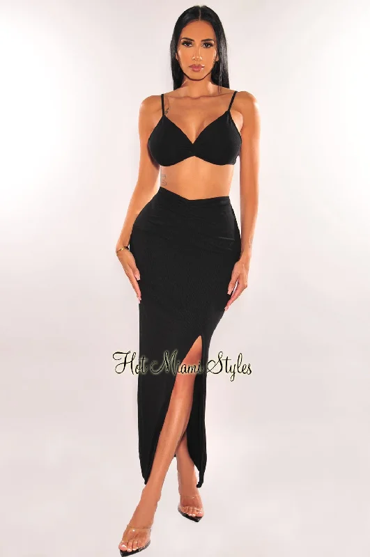 Black Ribbed Spaghetti Straps Knotted Slit Skirt Two Piece Set