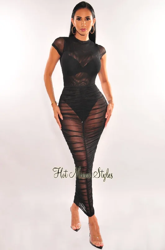 Black Sheer Mesh Short Sleeve Bodysuit Ruched Skirt Two Piece Set