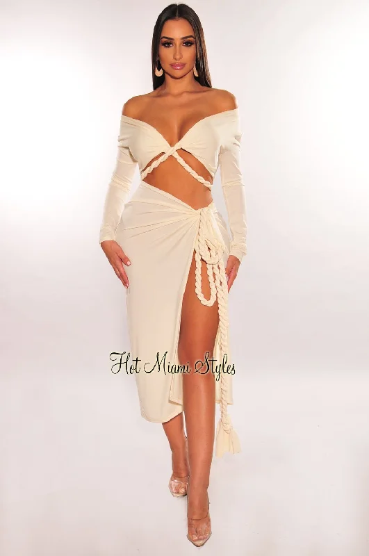 Cream Long Sleeve Wrap Around Twist Rope Skirt Two Piece Set