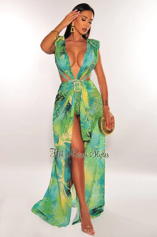 Green Tropical Print Plunge Studded Maxi Skirt Two Piece Set