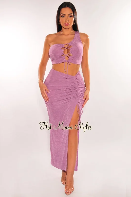 Lavender One Shoulder Lace Up Slit Skirt Two Piece Set