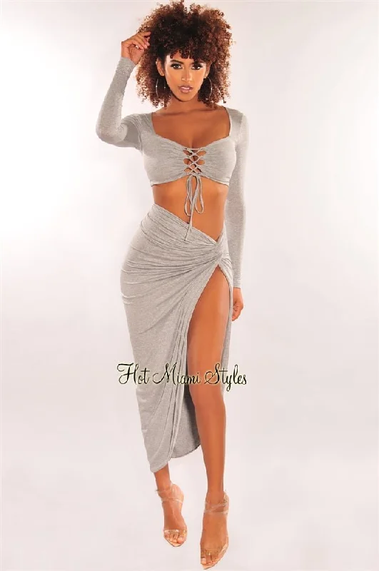 Light Gray Lace Up Knotted Slit Skirt Two Piece Set