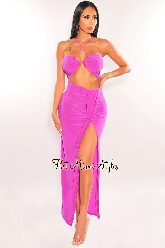 Magenta Halter Keyhole Knotted Slit Skirt Two Piece Set