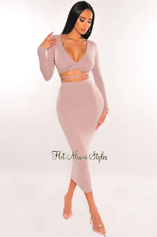 Mauve Ribbed Knit Wrap Around Skirt Two Piece Set