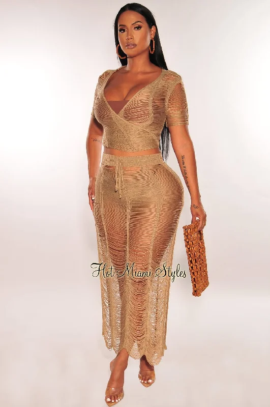 Mocha Crochet Knit Sheer Skirt Two Piece Set Cover Up