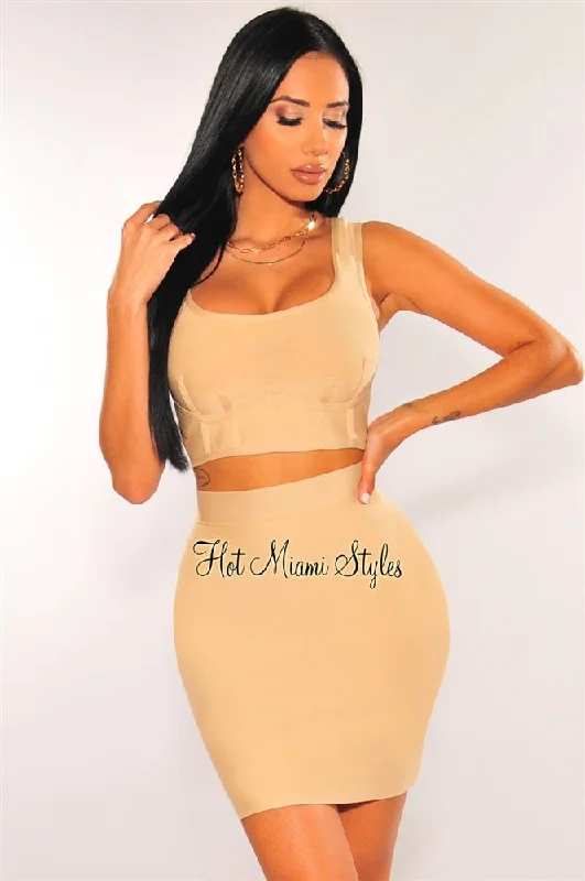 Nude Bandage Tank Faux Bustier Skirt Two Piece Set