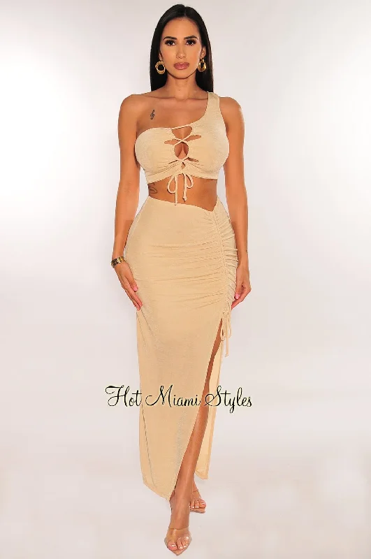 Nude Shimmery One Shoulder Lace Up Slit Skirt Two Piece Set