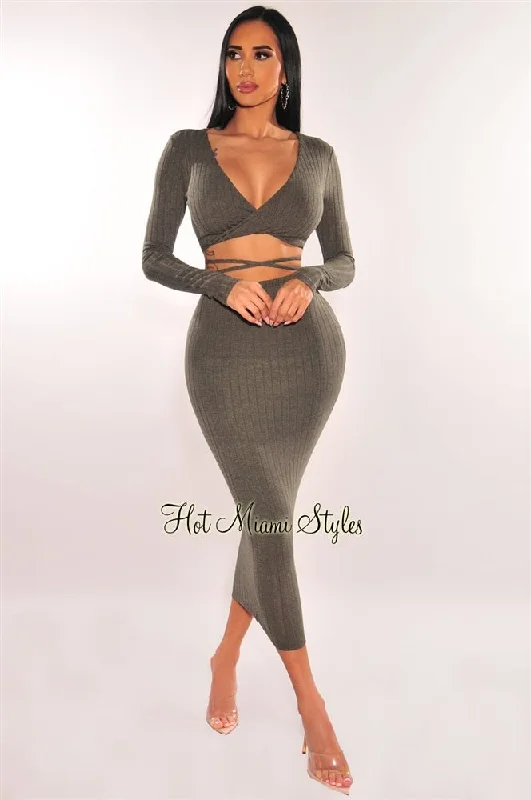 Olive Ribbed Knit Wrap Around Skirt Two Piece Set