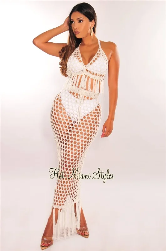 White Crochet Halter Fringe Skirt Two Piece Set Cover Up