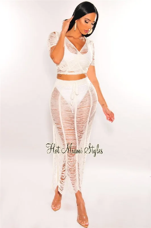 White Crochet Knit Sheer Skirt Two Piece Set Cover Up