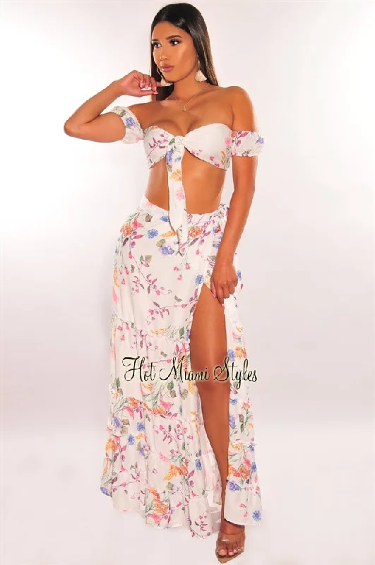 White Floral Print Tie Up Tiered Maxi Skirt Two Piece Set