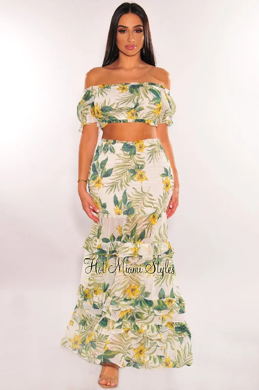 White Tropical Print Off Shoulder Smocked Ruffle Maxi Skirt Two Piece Set